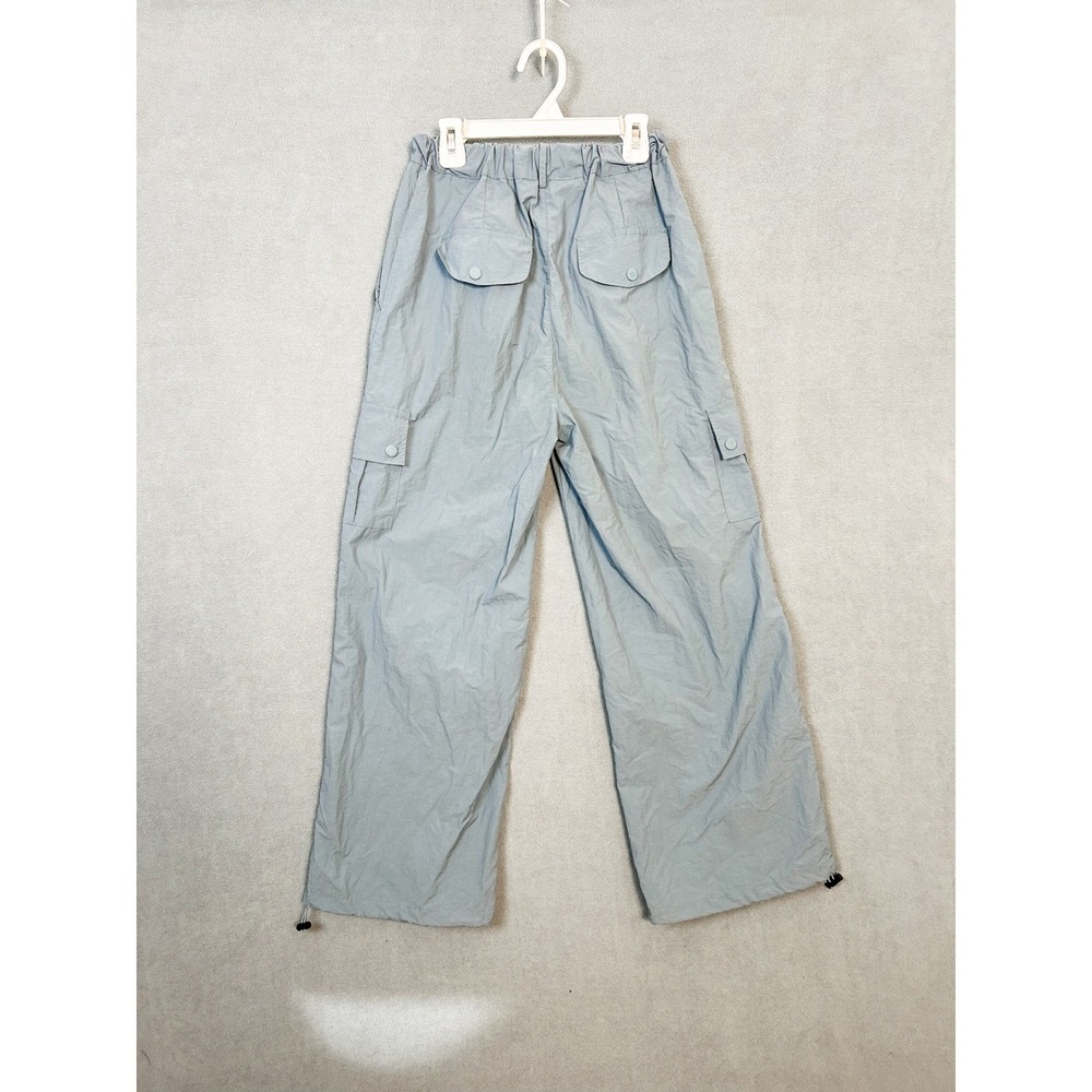 Women Dusty Blue Nylon Cargo Pants Wide Leg Gorpcore Utility Trousers Size 160